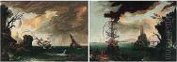 Stormy Seas With A Shipwreck Off A Rocky Coast Oil Painting by Adriaen Manglard