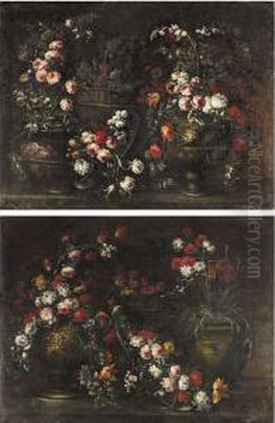 Due Vasi, Un Vassoio E Un Cesto Di Fiori Oil Painting by Elisabetta Marchioni