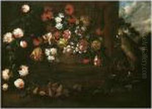 Still Life Of A Wicker Basket Of
 Flowers, Pears, Figs And A Green Parrot In A Classical Garden Oil Painting by Elisabetta Marchioni Active Rovigo