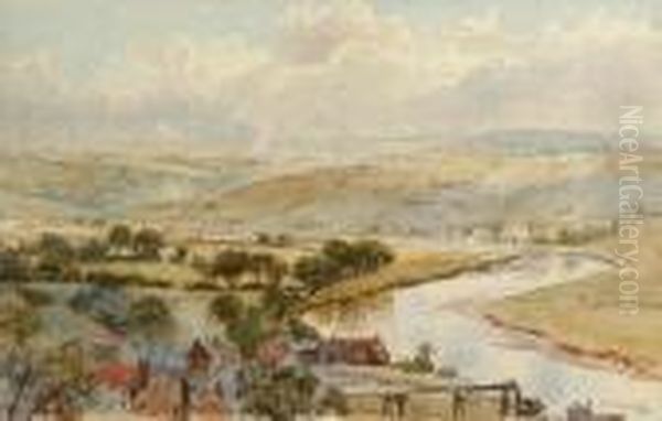 Extensive River Landscape With A Village In The Foreground Oil Painting by Herbert Menzies Marshall