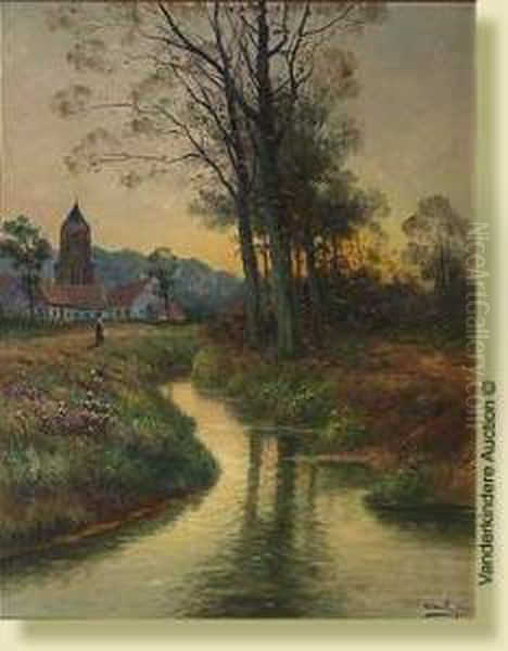 Paysage Anime Au Soleil Couchant Oil Painting by Henri Mathy