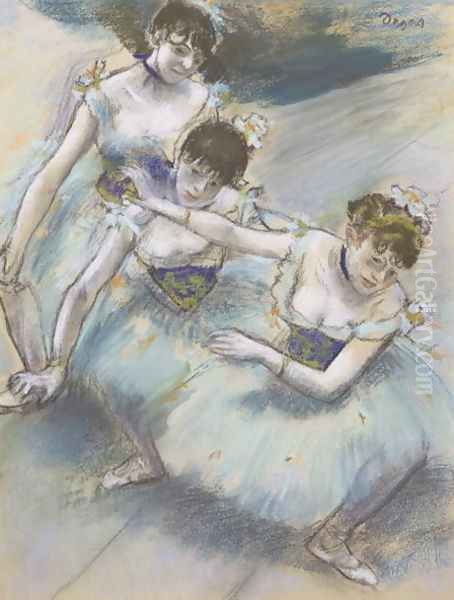 Three Dancers in a Diagonal Line on the Stage, c.1882 Oil Painting by Edgar Degas