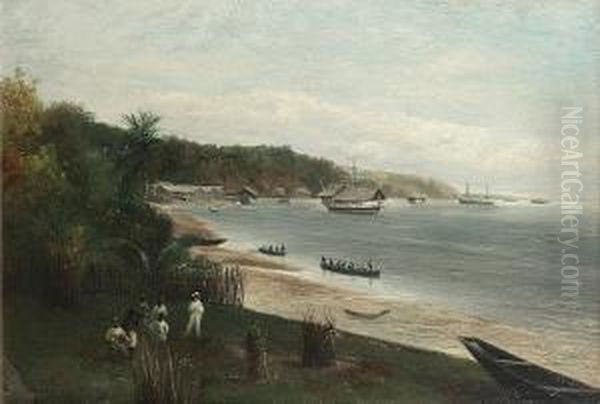 Huts On The Peusno (?) River Oil Painting by Walter Meegan