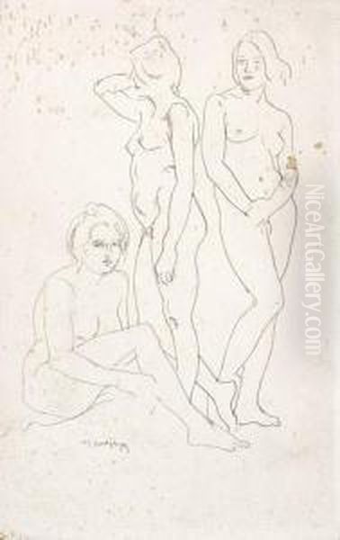 Trois Femmes Nues. Oil Painting by Maurice Mendjisky