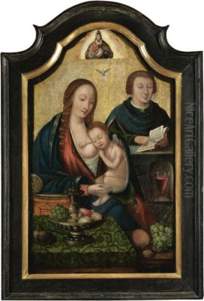 The Holy Family, Seated Before A
 Table Laid With Various Fruit On An Embroidered Green Cloth Oil Painting by Quinten Metsys
