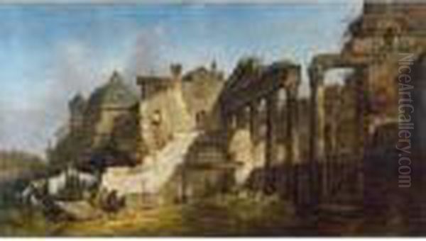 Washerwomen And Gentlemen Among Classical Ruins, A Church Beyond Oil Painting by Giovanni Migliara