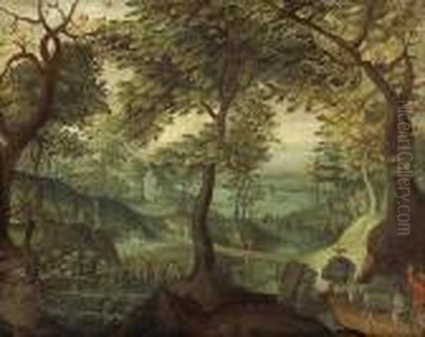 An Imaginary Landscape With Figures And Donkeys In The Foreground Oil Painting by Anton Mirou