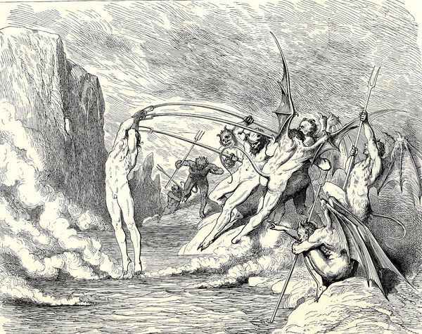The Inferno, Canto 21, lines 50-51: This said, They grappled him with more than hundred hooks Oil Painting by Gustave Dore