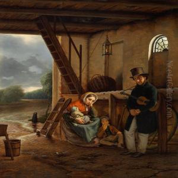 A Wandering Singer And His Family Seek Shelter From The Rain Oil Painting by David Monies
