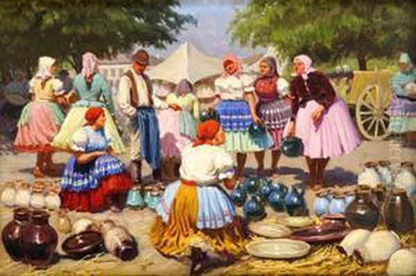 Na Trhu V Michalovciach Oil Painting by Tivadar Josef Mousson