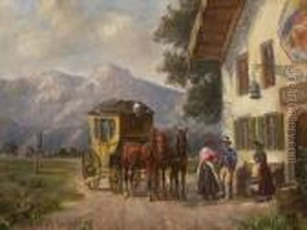 Halt Der Postkutsche Vor Dem
 Gasthaus. Oil Painting by Ludwig Muller-Cornelius