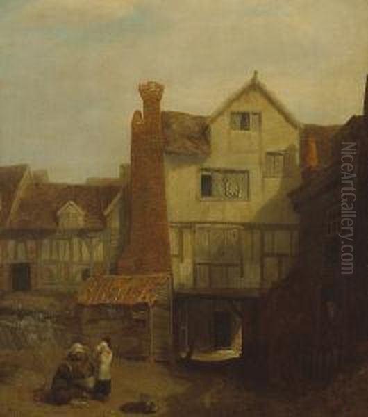 A View Of A Courtyard With Figures Oil Painting by William Mulready