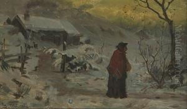 A Winter Scene With A Figure Walking Along Apath Oil Painting by Gerhard Peter Frantz Munthe