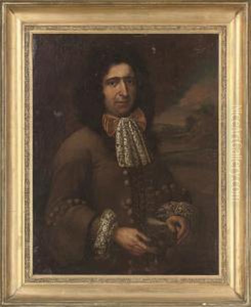 Portrait Of A Gentleman, 
Half-length, In A Fawn Coat With Lace Collar And Cuffs, A Dog To His 
Side With A Landscape Beyond Oil Painting by Pieter Nason