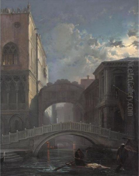 Seufzerbrucke Im Mondlicht, Venedig (the Bridge Of Sighs By Moonlight) Oil Painting by Friedrich Nerly