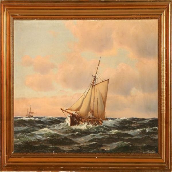 Marine With Ships Inrough Sea Oil Painting by Johann Neumann