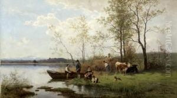 Heuernte Am Ufer Eines
 Vorgebirgssees. Oil Painting by Julius Noerr