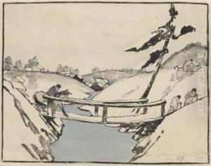 Three Travelers Crossing A Bridge In The Snow