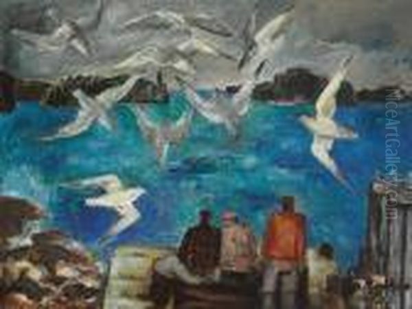 Fishermen And Seagulls, Northern California Oil Painting by Bror Julius Olsson Nordfeldt
