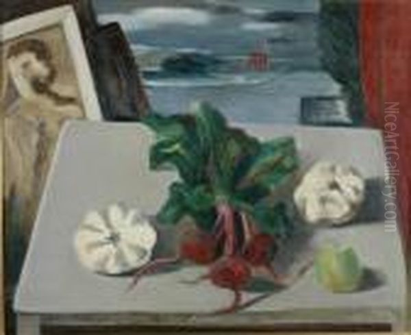 Still Life With Beets, Squash And Apple With View Of Afactory Oil Painting by Bror Julius Olsson Nordfeldt