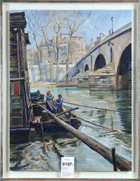 Kanalmotiv Med Figurer, Signerad
 Och Daterad Bertil R:son Noren Paris -32, Gouache, 75x56 Oil Painting by Bertil Noren