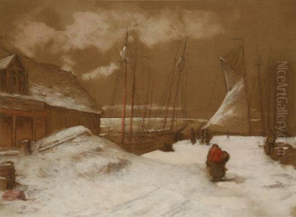 Snowy Wharf Oil Painting by Edgar Hewitt Nye