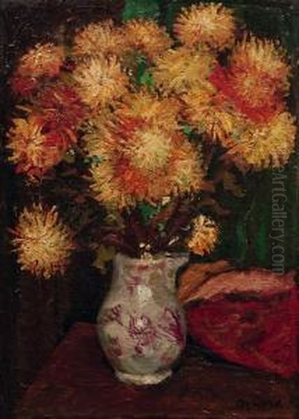 Stilleben Mit Chrysanthemen. 1930's Oil Painting by Georg Egmont Oehme