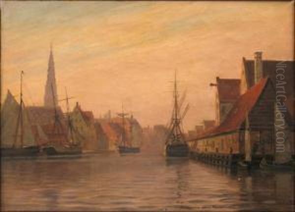 Dutch Harbor Scene Oil Painting by Alfred Theodor Olsen