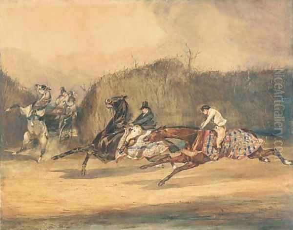 La rencontre evitee Galloping horsemen avoiding a horse and cart Oil Painting by Alfred Dedreux