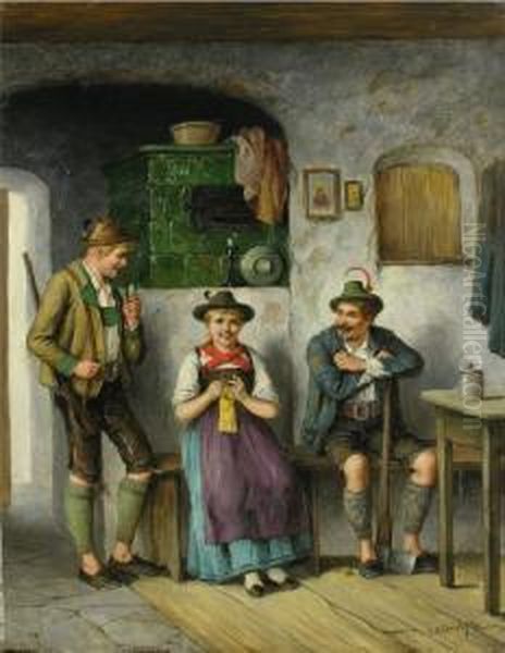Strickende Magd Und Oil Painting by Carl Ostersetzer