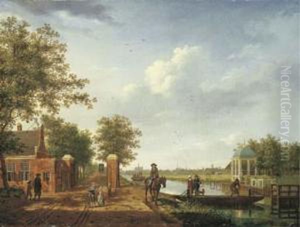 A View Of Amsterdam From The 't 
Spaarne Canal In Slooterdijk With Travellers On A Towpath By The 
Tollgate And A Couple On A Ferry Oil Painting by Isaak Ouwater