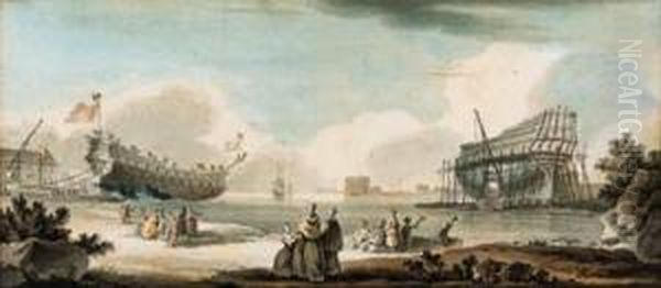 The Builder's Yard; And Three-masters Preparing To Set Sail Oil Painting by Ozanne, Nicolas Marie