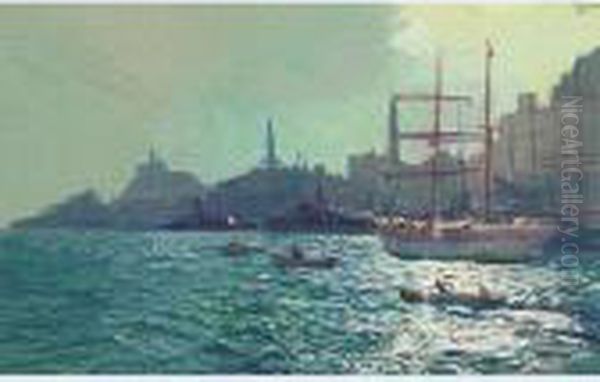 Harbourfront With Shipping Oil Painting by Jean-Louis Paguenaud