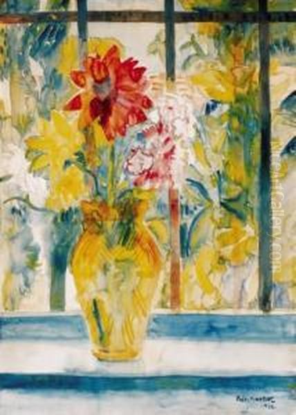A Bunch Of Flowers In The Window Oil Painting by Jeno Paizs Goebel