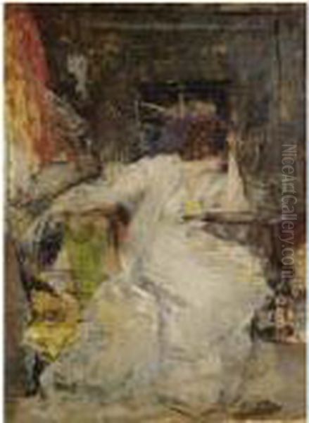 Woman In An Interior Oil Painting by Vicente Palmaroli Y Gonzalez