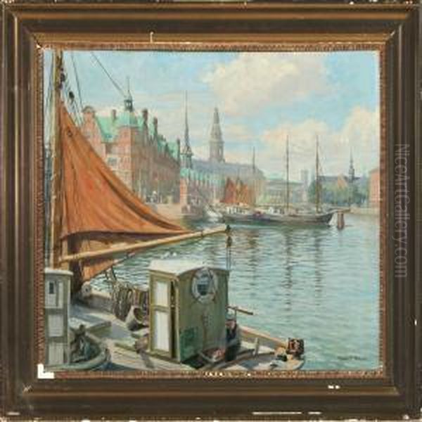 From Copenhagencanal With Christiansborg Castle In The Background Oil Painting by Robert Panitzsch