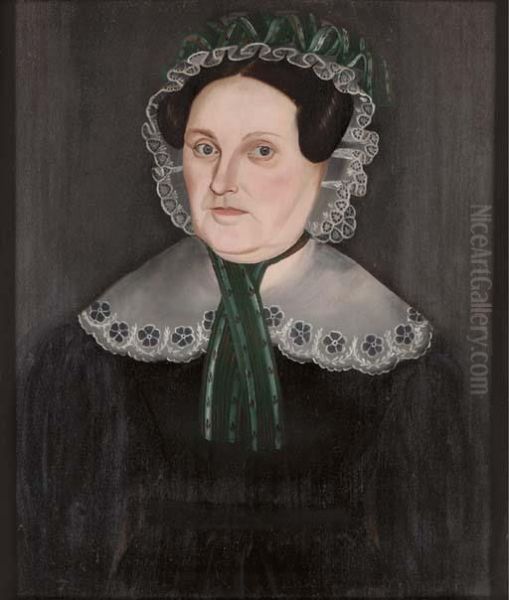 Portrait Of A Woman In Ruffled Bonnet And Lace Collar Oil Painting by Sheldon Peck