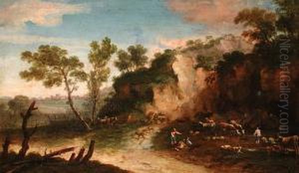 Paesaggio Con
Rocce, Armenti E Pastori In Primo Piano Oil Painting by Bartolomeo Pedon