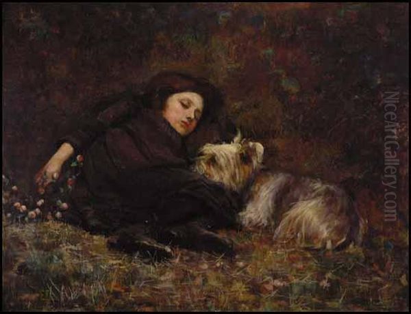 Young Girl With Terrier Oil Painting by Paul Peel