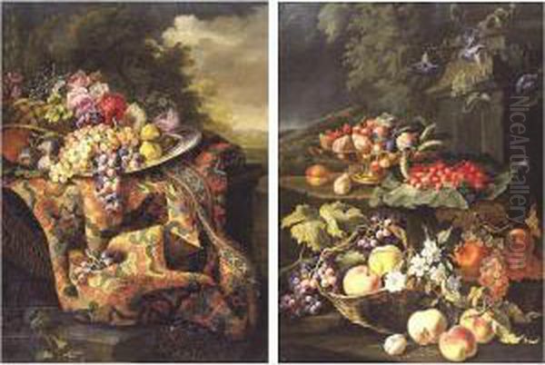 Still Life Of Figs And Grapes On
 A Pewter Platter With A Basket Of Flowers On A Carpeted Ledge, With A 
Wooded Landscape Beyond; Still Life Of Plums And Cherries In A Tazza 
Resting On A Ledge With Wild Strawberries On A Large Leaf, A Basket With
 Gr Oil Painting by Maximilian Pfeiler