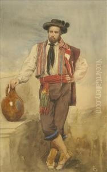 A Spanishgirl And Companion, She Seated With Still Life, He With A Wine Juga Pair Oil Painting by John Phillip