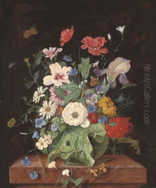 Butterflies On Summer Blooms Oil Painting by Frans Xaver Pieler