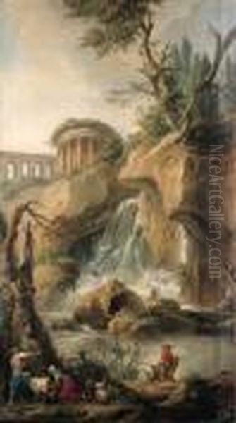 A View Of The Falls Of Tivoli 
With A Peasant Milking A Goat, Atraveller On A Mule With A Dog And 
Fishermen On A Rock Oil Painting by Jean-Baptiste-Marie Pierre