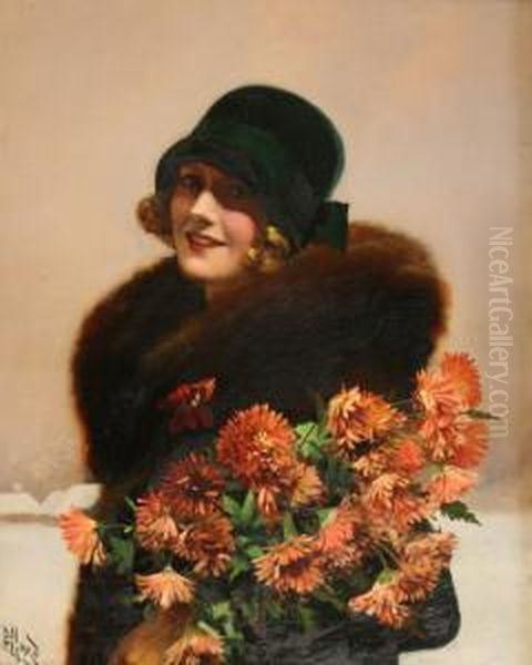 Halflength Portrait Of A Young 
Lady Wearing A Green Hat And Fur Coatwhilst Holding Chrysanthemums Oil Painting by Harold Piffard