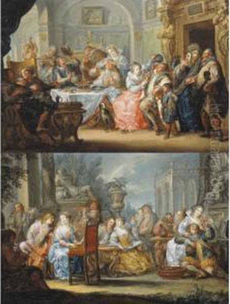 Interior With Elegant Figures In
 Masquerade Costume Feasting; A Music Party In The Grounds Of An 
Italianate Villa Oil Painting by Johann Georg Platzer