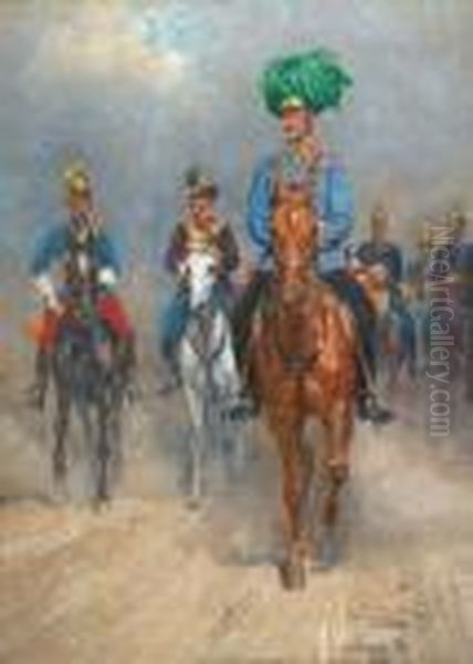 Major General William Von Einem At The Head Of An Imperial Infantry Brigade Oil Painting by Alexander Pock