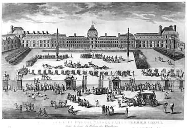 Napoleon Bonaparte 1769-1821 First Consul Reviewing his Troops in the courtyard of the Tuileries Palace Oil Painting by Claude Louis Desrais