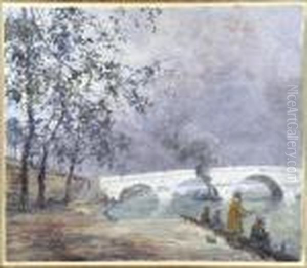 Pecheurs A Paris Oil Painting by Oswald Poreau