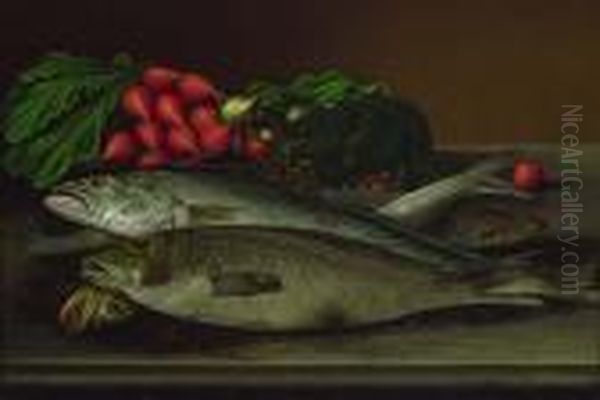 ''fish, Lobster And Radishes'' Oil Painting by Levi Wells Prentice