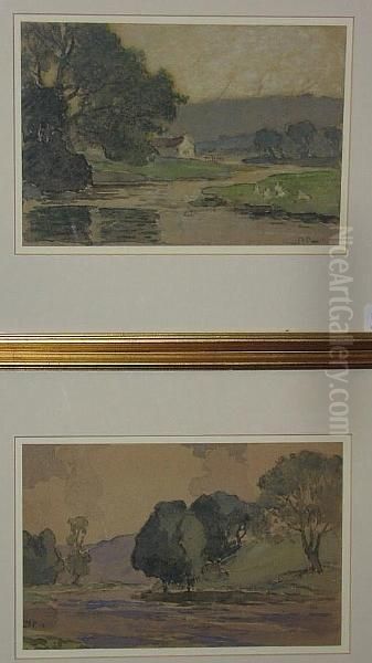 A River Landscape With A Cottage; A River Landscape Oil Painting by Bertram Walter Priestman